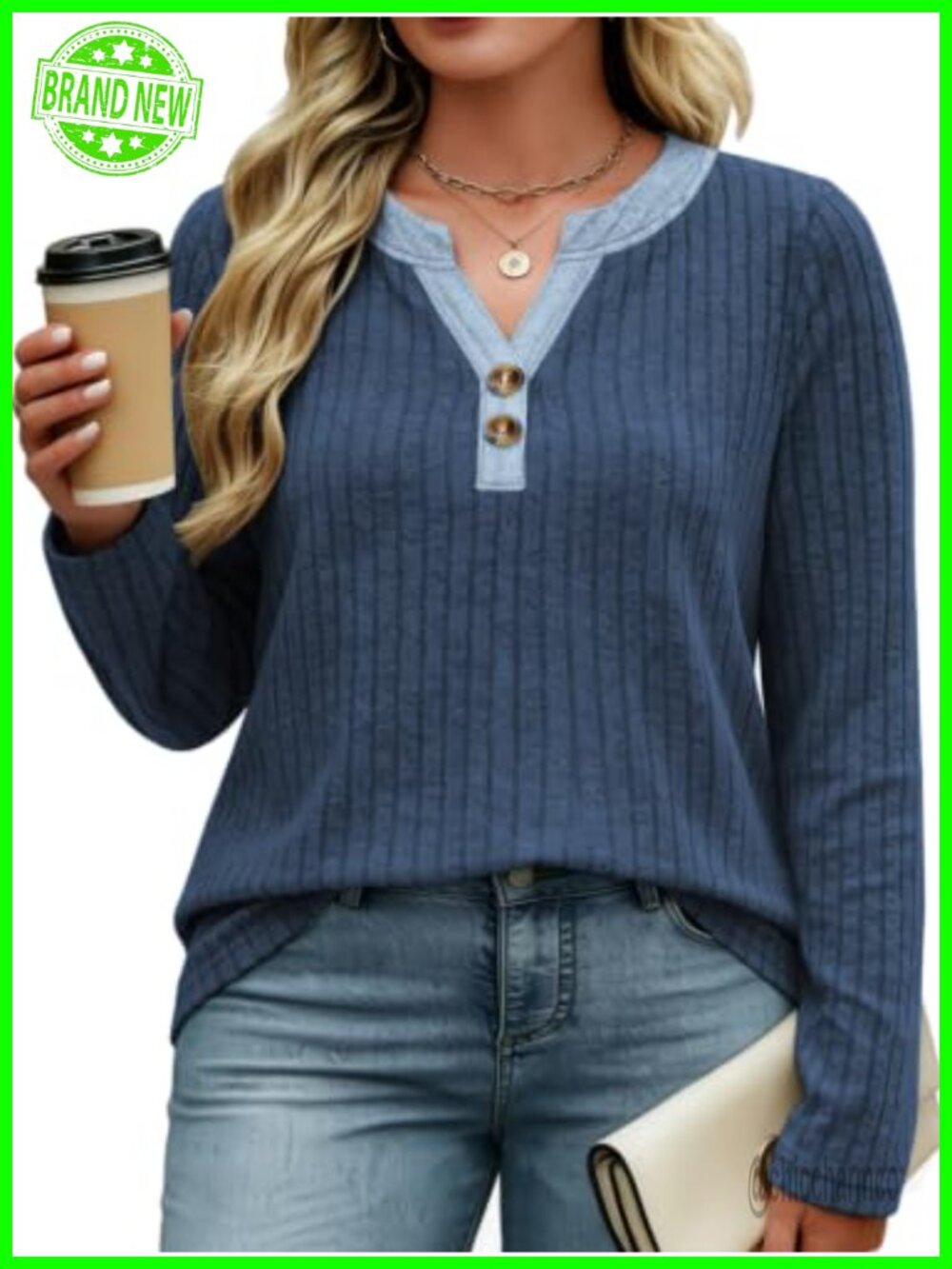 Womens Plus Size Long Sleeve V Neck Button Tunic Top